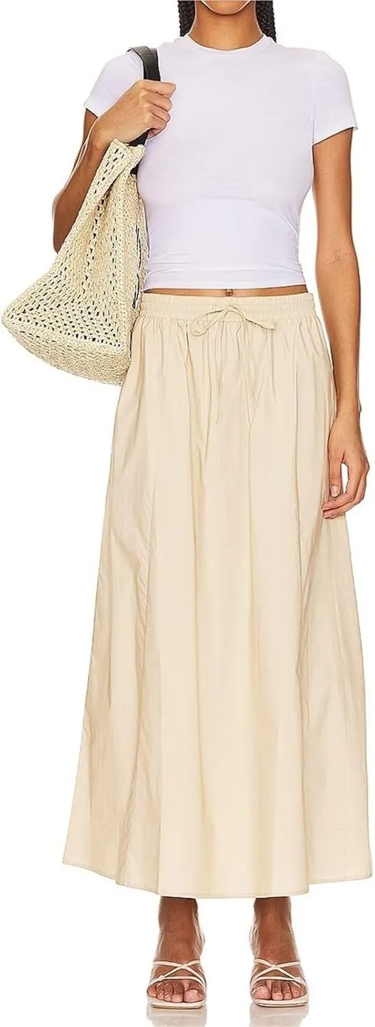Womens Maxi Slit Skirt Elastic Waist Drawstring Long Skirts for Women with Pockets