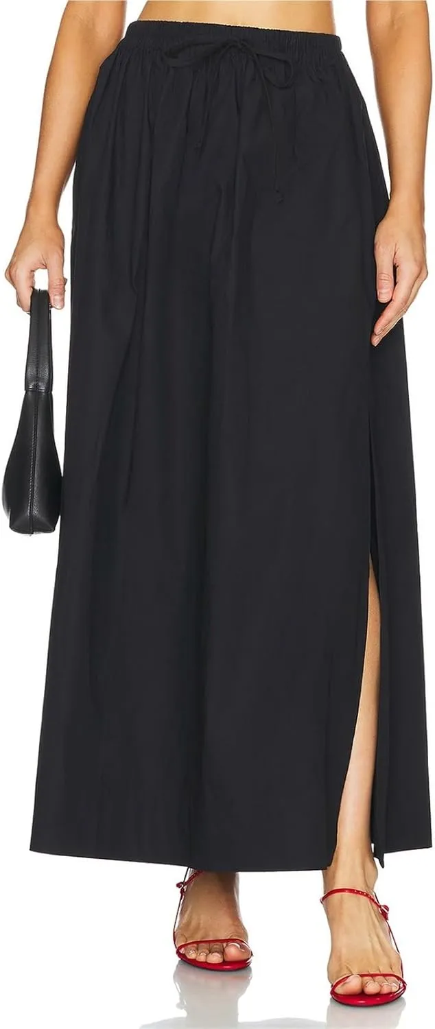 Womens Maxi Slit Skirt Elastic Waist Drawstring Long Skirts for Women with Pockets