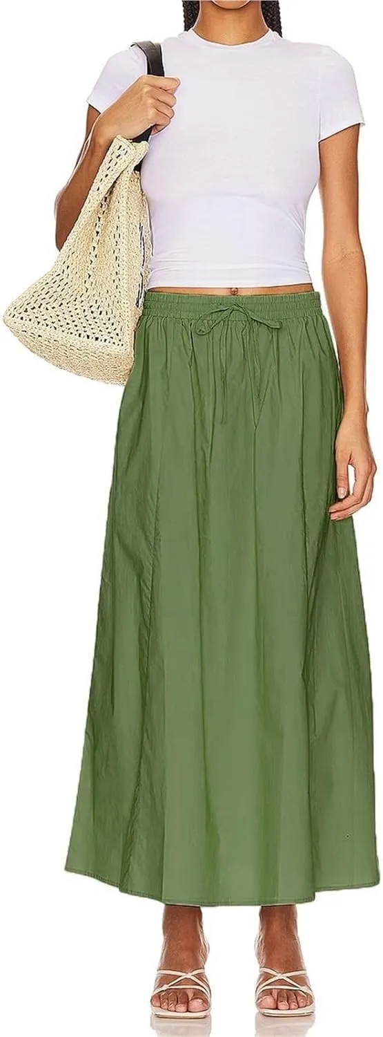Womens Maxi Slit Skirt Elastic Waist Drawstring Long Skirts for Women with Pockets