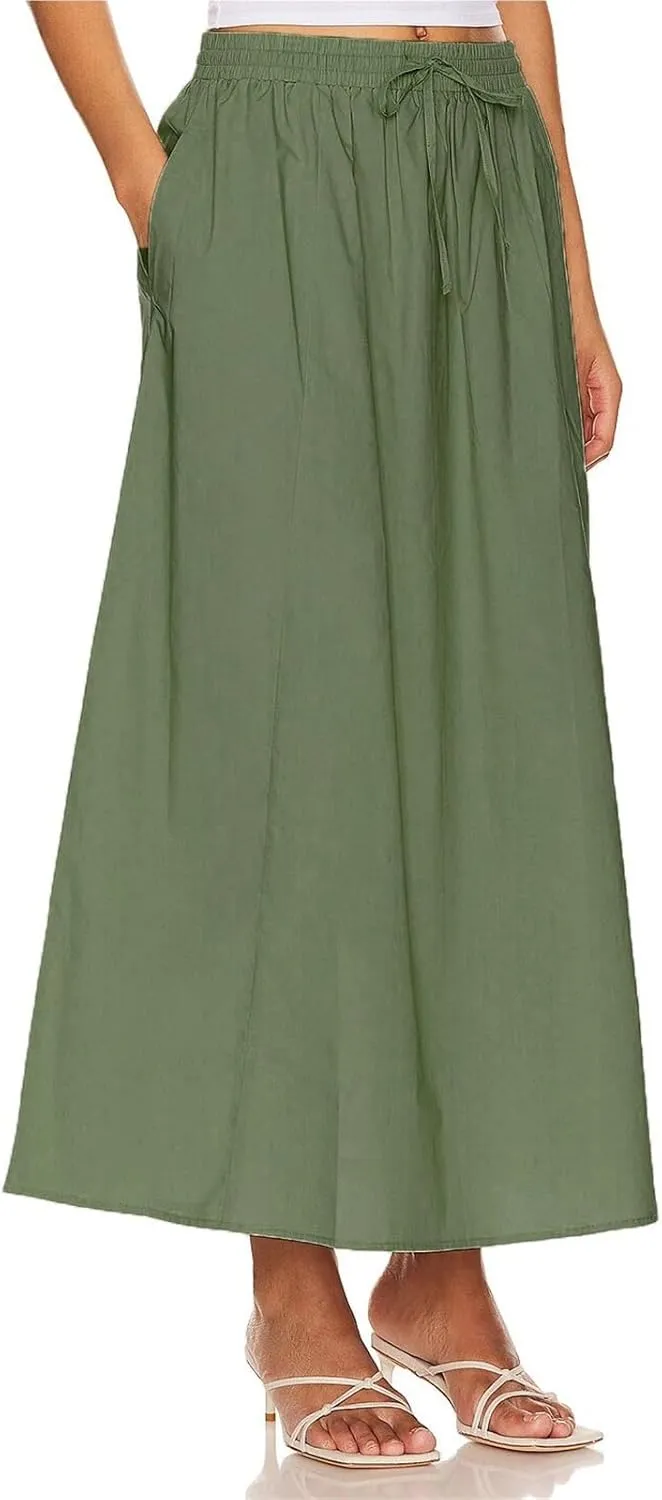 Womens Maxi Slit Skirt Elastic Waist Drawstring Long Skirts for Women with Pockets