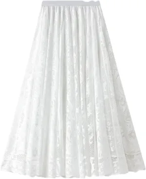 Women's Mid-Length Lace Skirt High Waisted A-Line Pleated Slim Fit Mini Skirt