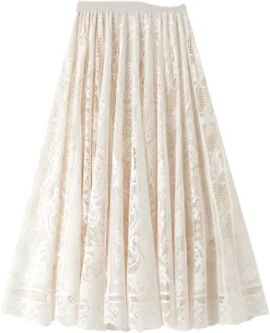 Women's Mid-Length Lace Skirt High Waisted A-Line Pleated Slim Fit Mini Skirt