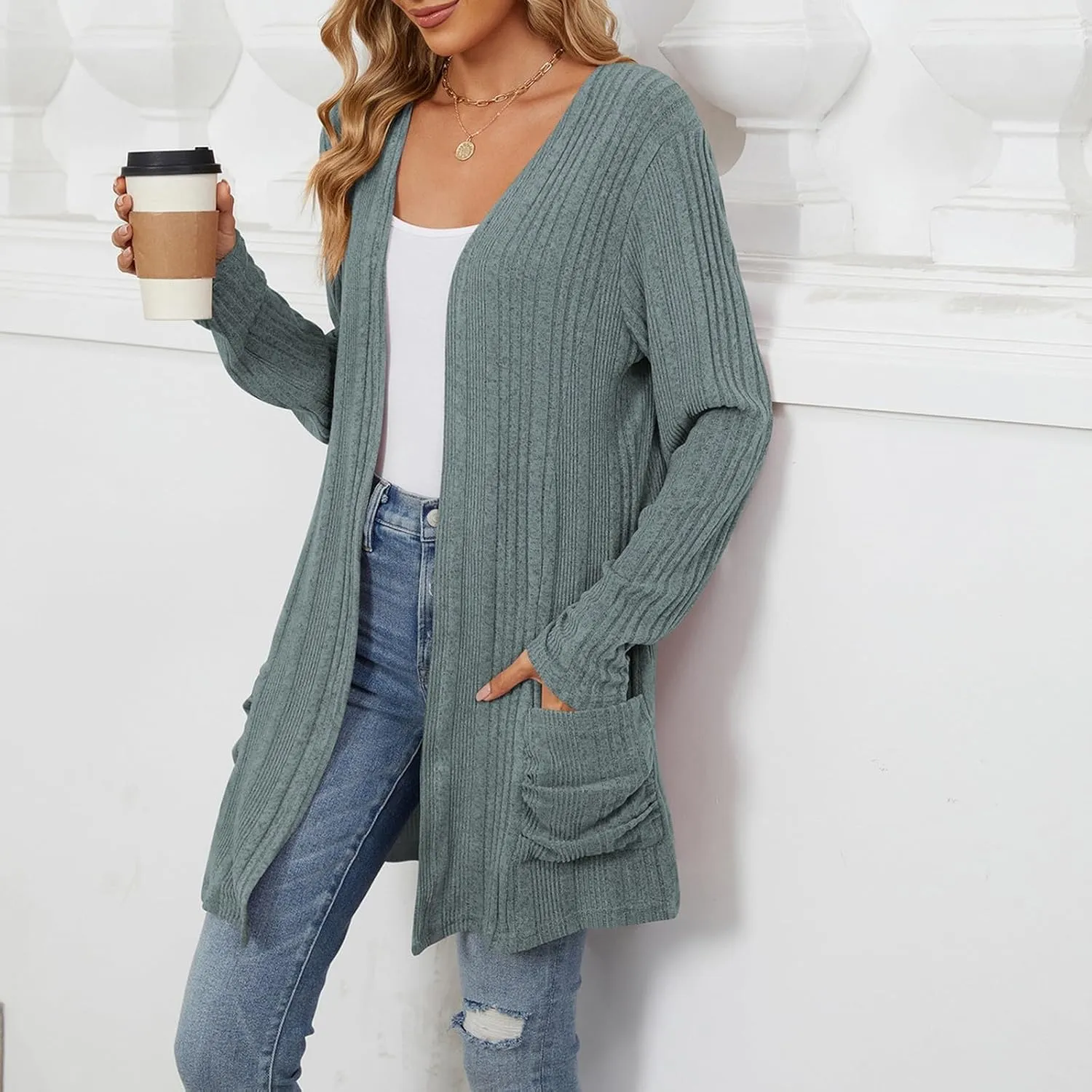 Womens Open Front Cardigan Lightweight Casual Long Sleeve Knit Sweaters Solid Color Outwear Fall Loungewear