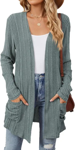 Womens Open Front Cardigan Lightweight Casual Long Sleeve Knit Sweaters Solid Color Outwear Fall Loungewear