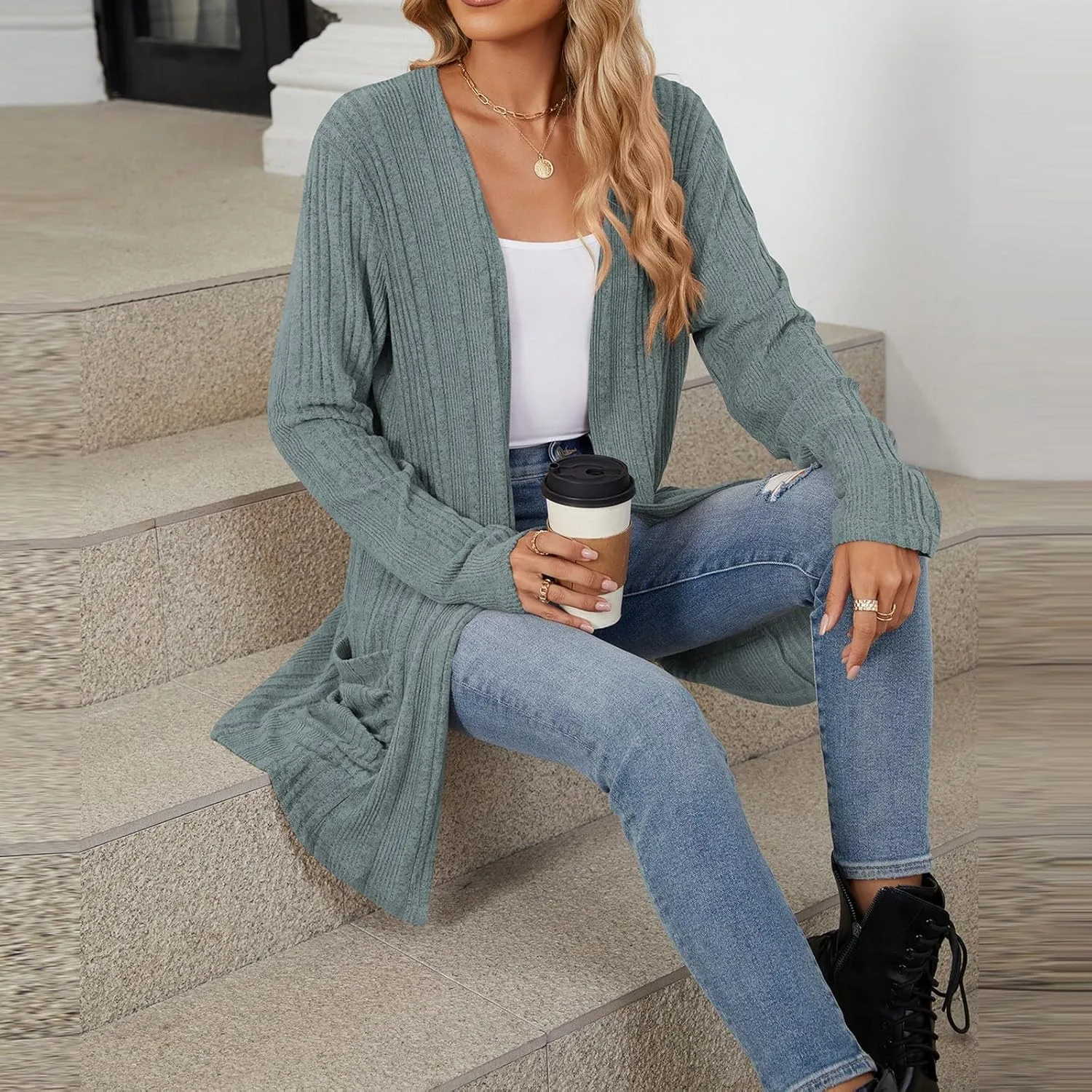 Womens Open Front Cardigan Lightweight Casual Long Sleeve Knit Sweaters Solid Color Outwear Fall Loungewear
