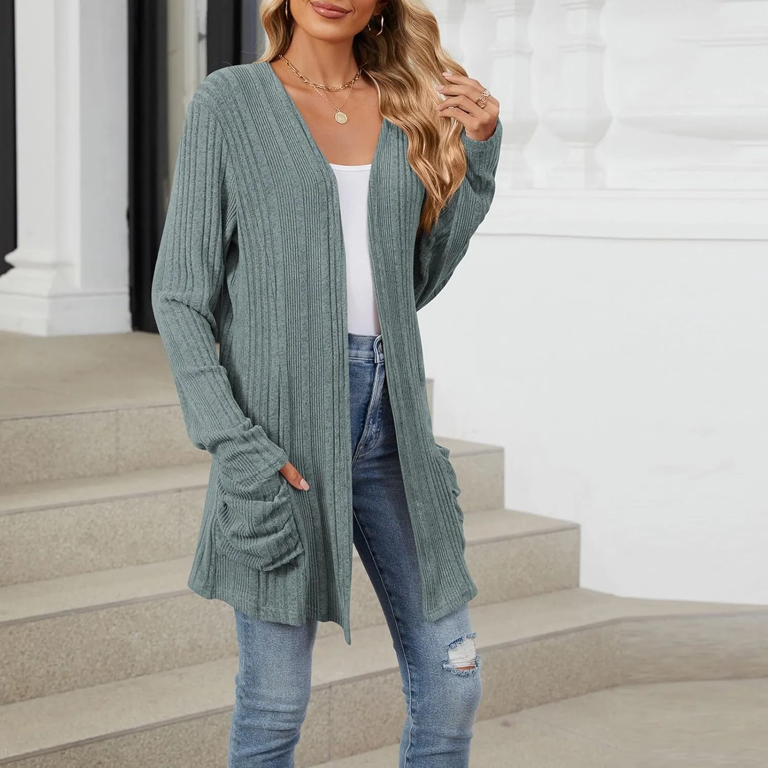 Womens Open Front Cardigan Lightweight Casual Long Sleeve Knit Sweaters Solid Color Outwear Fall Loungewear