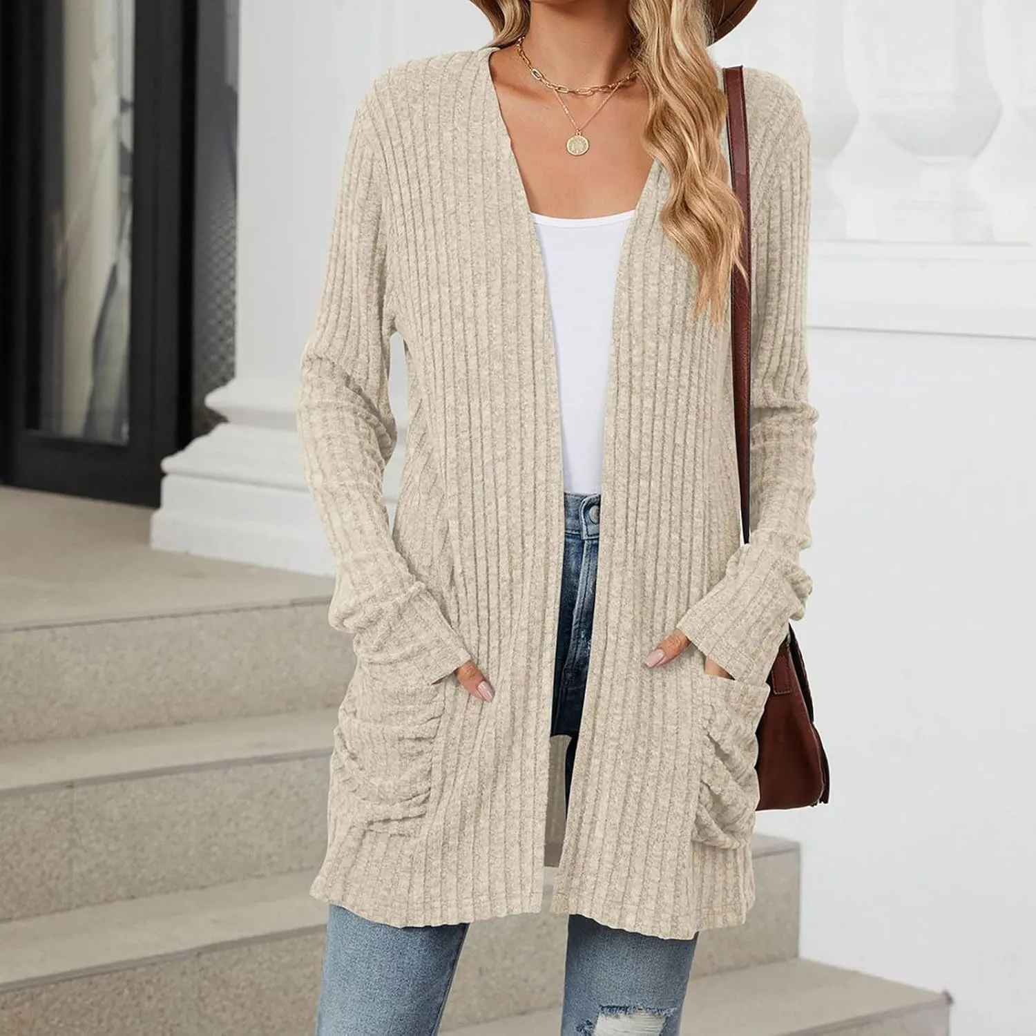 Women's Open Front Lightweight Cardigan 2024 Fall Casual Long Sleeve Knit Sweater Button Down Loose Outwear Coats