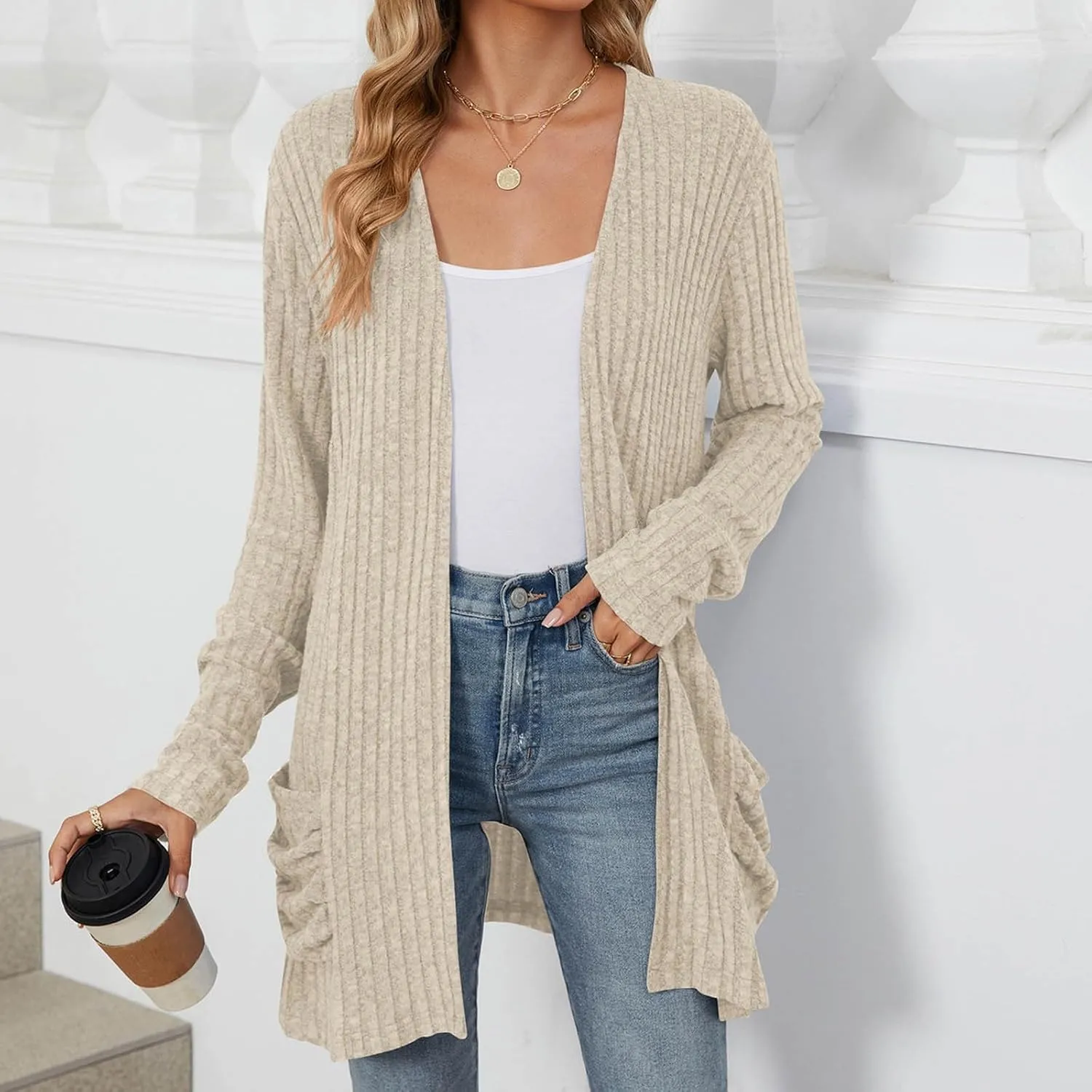 Women's Open Front Lightweight Cardigan 2024 Fall Casual Long Sleeve Knit Sweater Button Down Loose Outwear Coats