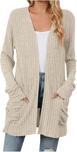Women's Open Front Lightweight Cardigan 2024 Fall Casual Long Sleeve Knit Sweater Button Down Loose Outwear Coats