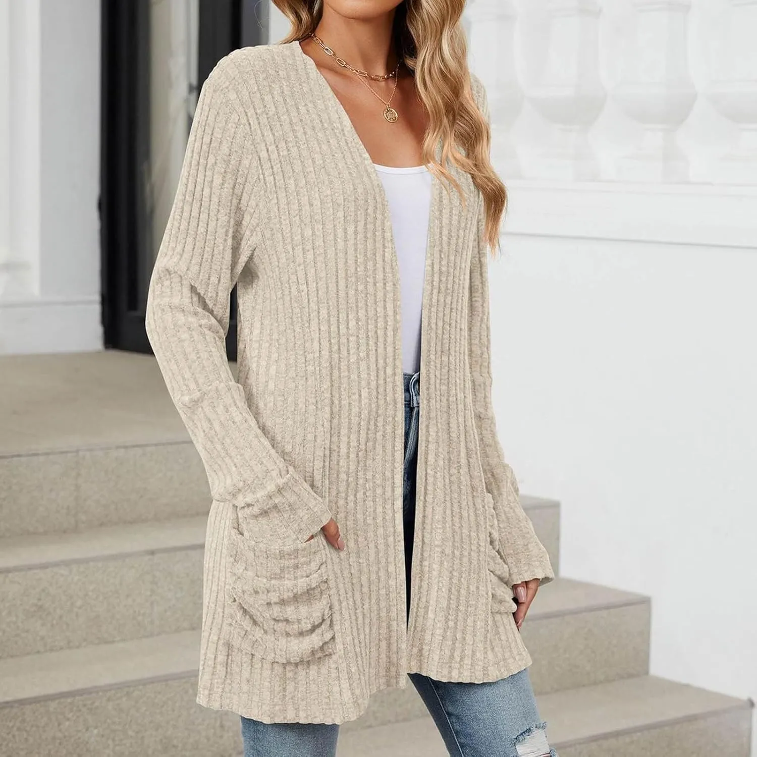 Women's Open Front Lightweight Cardigan 2024 Fall Casual Long Sleeve Knit Sweater Button Down Loose Outwear Coats