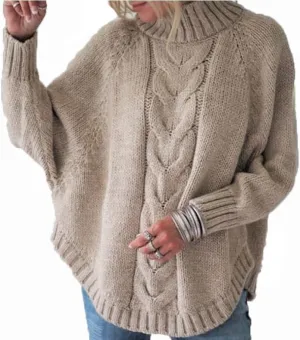 Womens Oversized Cable Knit Mock Neck Sweaters Batwing Long Sleeve Chunky Fall Slouchy Pullover Sweater Top