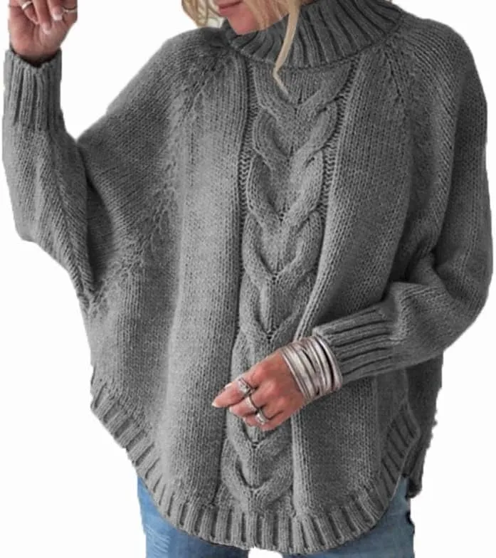 Womens Oversized Cable Knit Mock Neck Sweaters Batwing Long Sleeve Chunky Fall Slouchy Pullover Sweater Top