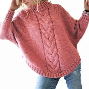 Womens Oversized Cable Knit Mock Neck Sweaters Batwing Long Sleeve Chunky Fall Slouchy Pullover Sweater Top