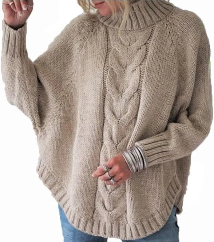 Womens Oversized Cable Knit Mock Neck Sweaters Batwing Long Sleeve Chunky Fall Slouchy Pullover Sweater Top