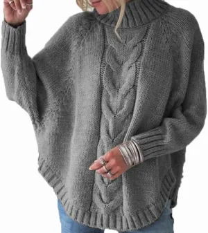 Womens Oversized Cable Knit Mock Neck Sweaters Batwing Long Sleeve Chunky Fall Slouchy Pullover Sweater Top