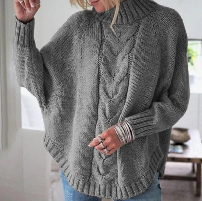 Womens Oversized Cable Knit Mock Neck Sweaters Batwing Long Sleeve Chunky Fall Slouchy Pullover Sweater Top