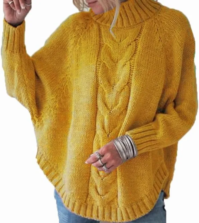 Womens Oversized Cable Knit Mock Neck Sweaters Batwing Long Sleeve Chunky Fall Slouchy Pullover Sweater Top