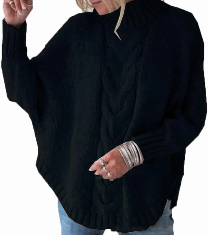 Womens Oversized Cable Knit Mock Neck Sweaters Batwing Long Sleeve Chunky Fall Slouchy Pullover Sweater Top