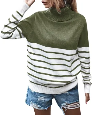 Women's Oversized Crewneck Sweater Women Turtleneck Long Sleeve Pullover Top Colorblock Casual Sweater (Green, XL)