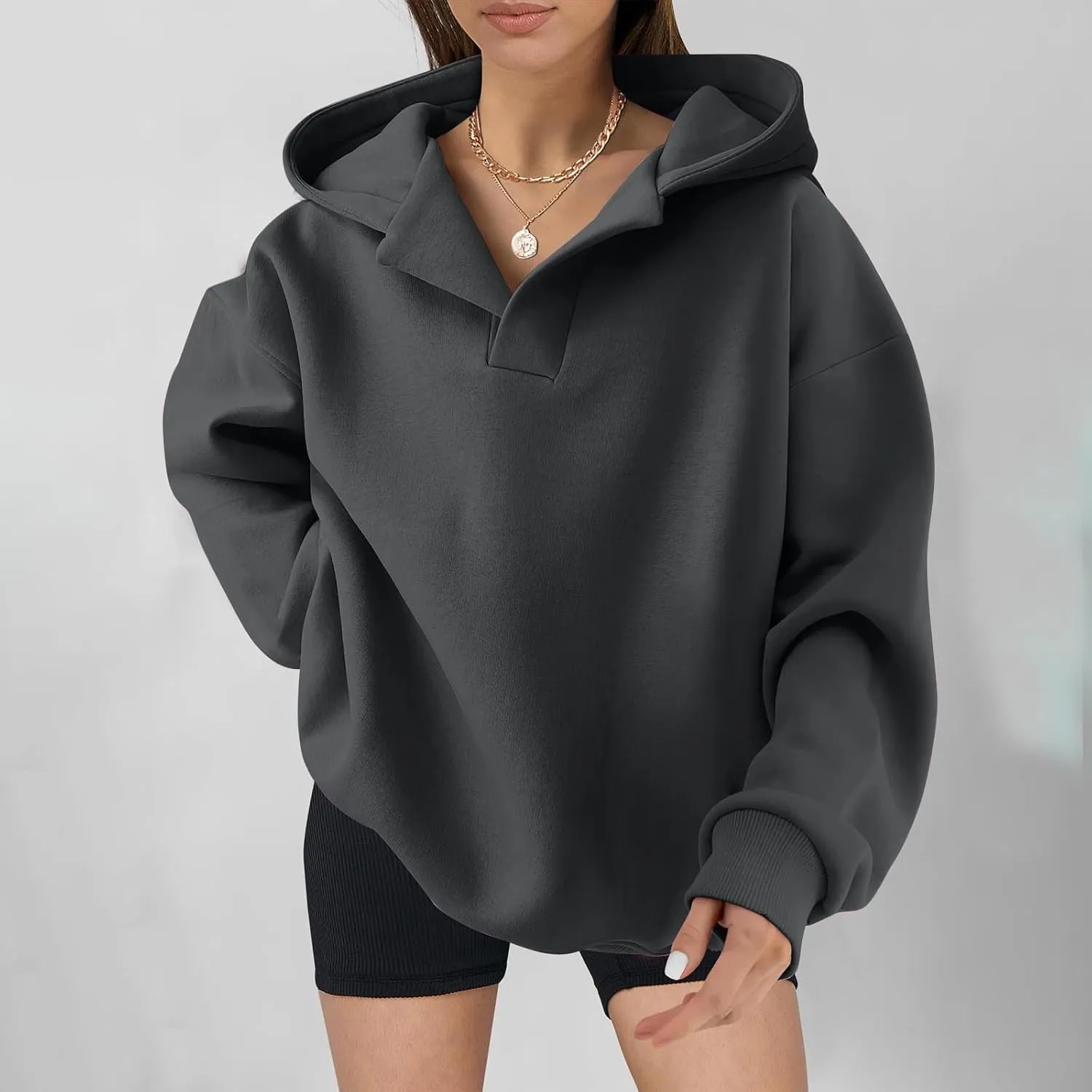 Womens Oversized Hoodies Fleece Long Sleeve Sweatshirts Lapel V Neck Casual Sweaters Pullover Fall Fashion Outfits 2024