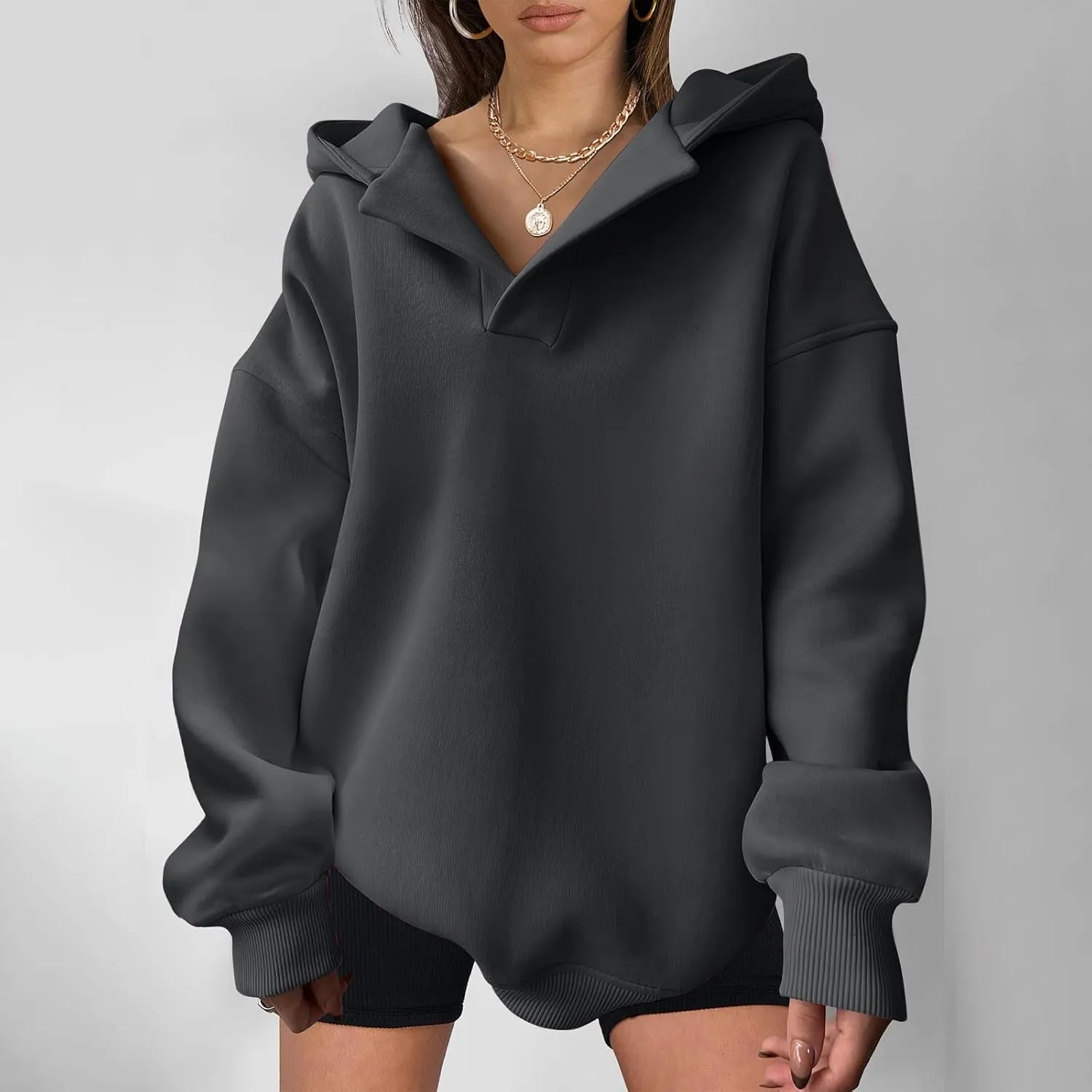 Womens Oversized Hoodies Fleece Long Sleeve Sweatshirts Lapel V Neck Casual Sweaters Pullover Fall Fashion Outfits 2024