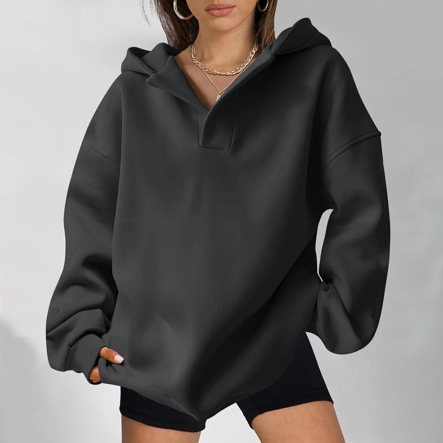 Womens Oversized Hoodies Fleece Long Sleeve Sweatshirts Lapel V Neck Casual Sweaters Pullover Fall Fashion Outfits 2024