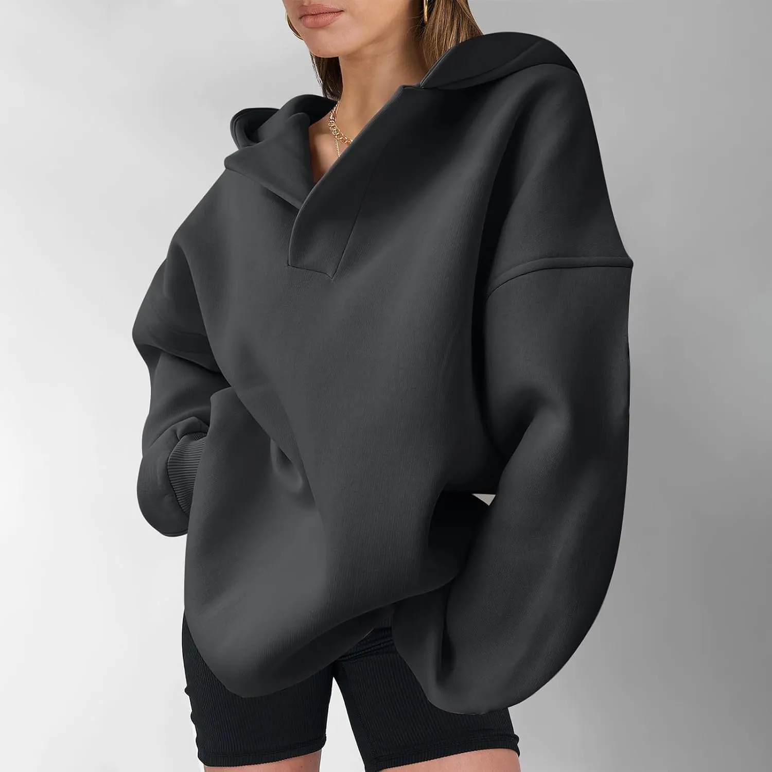 Womens Oversized Hoodies Fleece Long Sleeve Sweatshirts Lapel V Neck Casual Sweaters Pullover Fall Fashion Outfits 2024