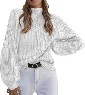 Women's Oversized Sweater 2023 Turtleneck Sweaters Knit Long Sleeve Pullover Knit Sweaters Tops (White, L)