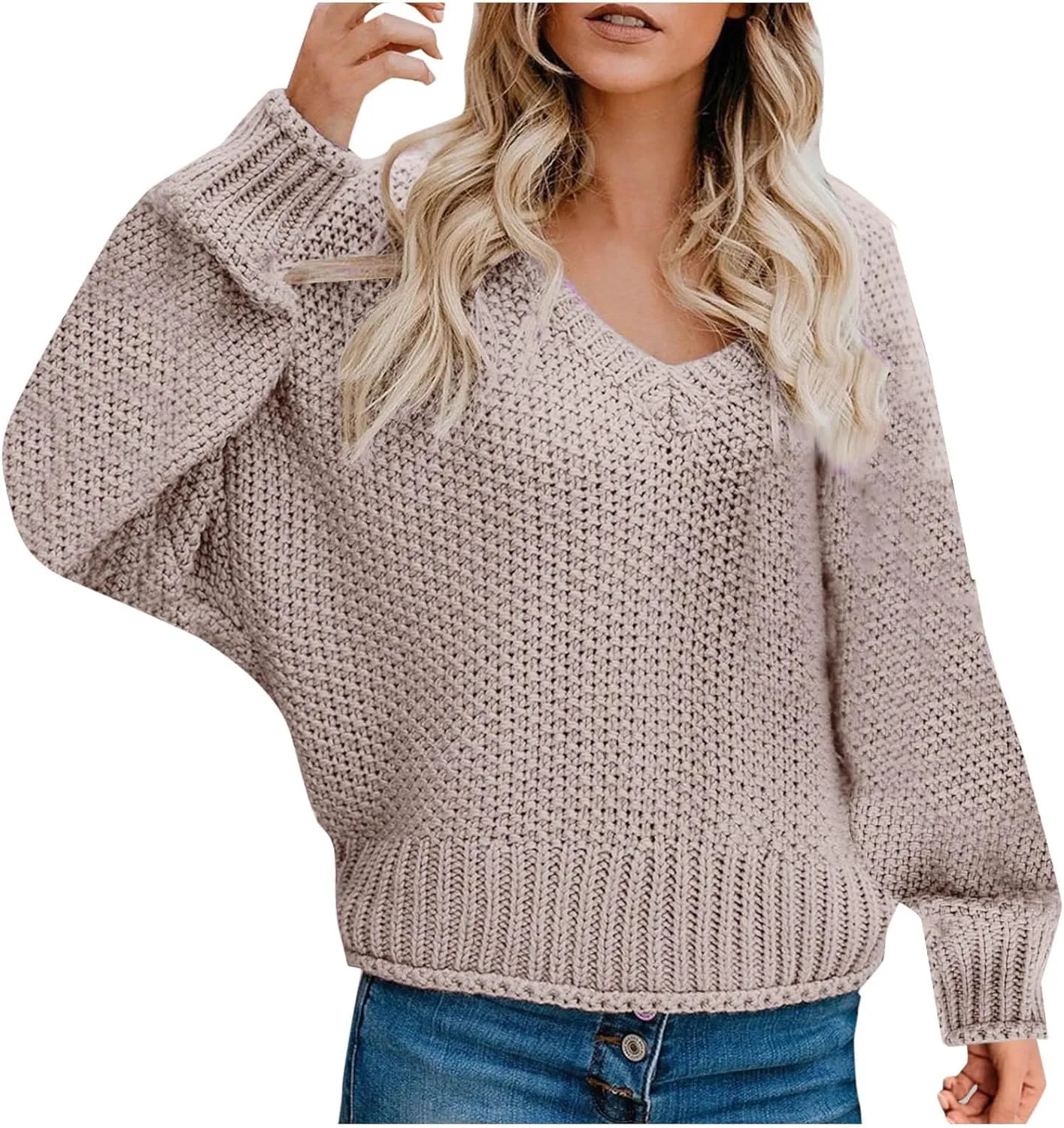 Women's Oversized V Neck Long Sleeve Knit Sweater Casual Fall Cropped Sweaters Pullover Top 2024 Trendy Outfits