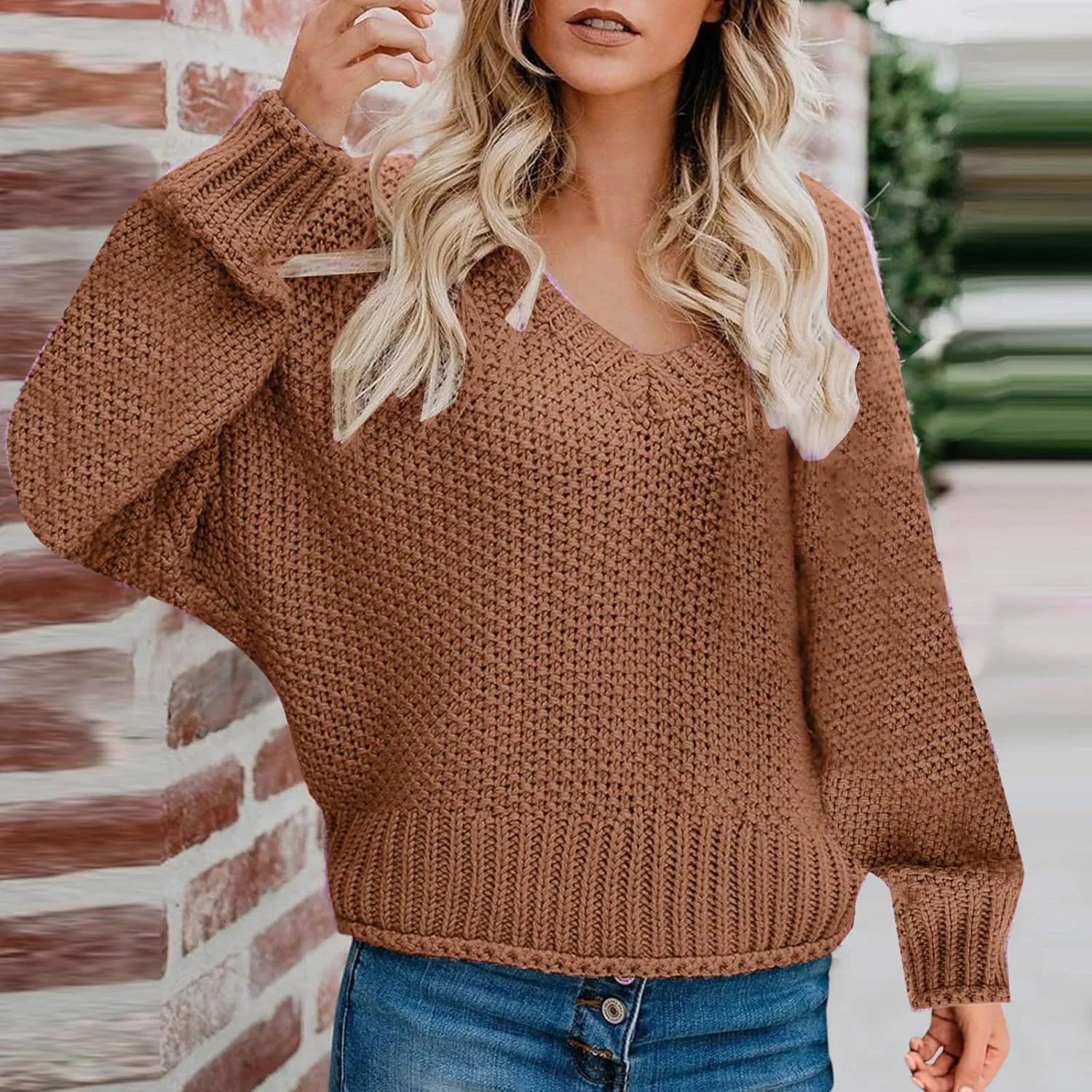 Women's Oversized V Neck Long Sleeve Knit Sweater Casual Fall Cropped Sweaters Pullover Top 2024 Trendy Outfits