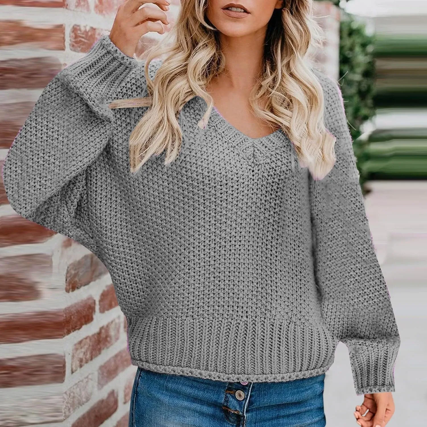 Women's Oversized V Neck Long Sleeve Knit Sweater Casual Fall Cropped Sweaters Pullover Top 2024 Trendy Outfits