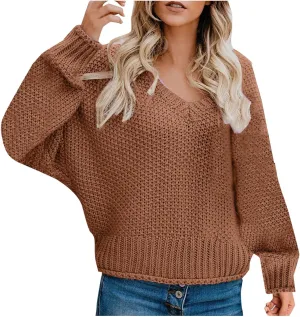 Women's Oversized V Neck Long Sleeve Knit Sweater Casual Fall Cropped Sweaters Pullover Top 2024 Trendy Outfits