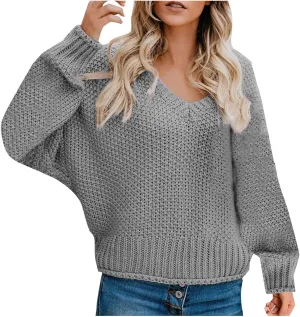 Women's Oversized V Neck Long Sleeve Knit Sweater Casual Fall Cropped Sweaters Pullover Top 2024 Trendy Outfits