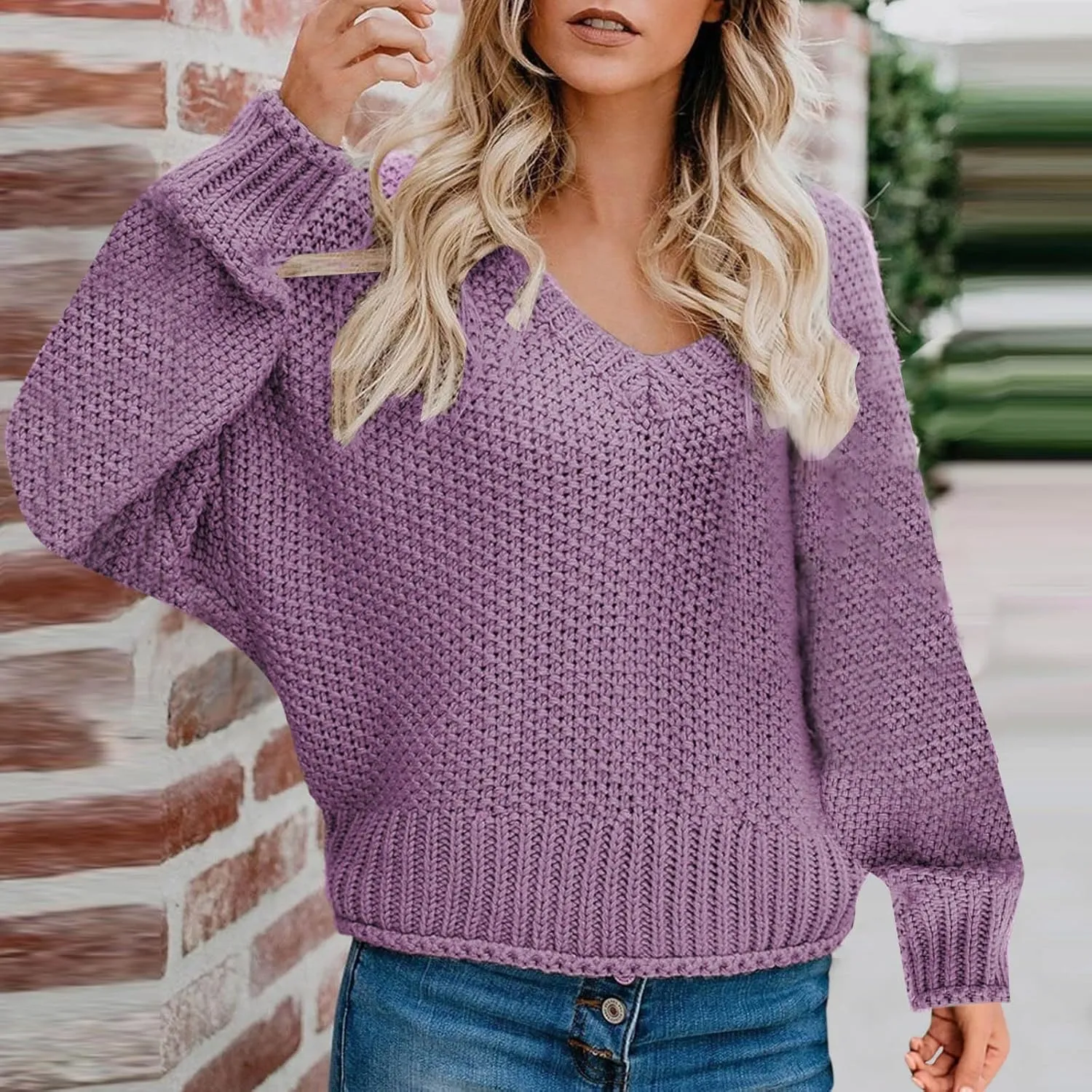 Women's Oversized V Neck Long Sleeve Knit Sweater Casual Fall Cropped Sweaters Pullover Top 2024 Trendy Outfits