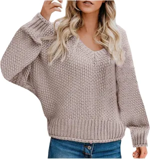 Women's Oversized V Neck Long Sleeve Knit Sweater Casual Fall Cropped Sweaters Pullover Top 2024 Trendy Outfits
