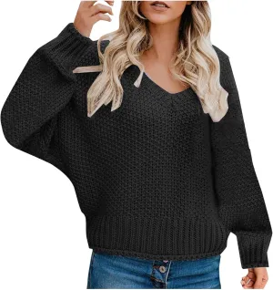 Women's Oversized V Neck Long Sleeve Knit Sweater Casual Fall Cropped Sweaters Pullover Top 2024 Trendy Outfits