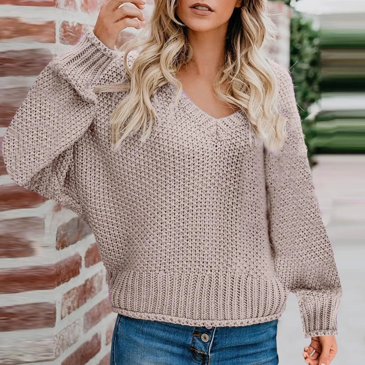 Women's Oversized V Neck Long Sleeve Knit Sweater Casual Fall Cropped Sweaters Pullover Top 2024 Trendy Outfits