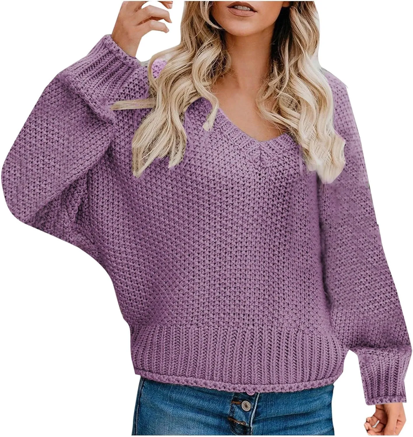 Women's Oversized V Neck Long Sleeve Knit Sweater Casual Fall Cropped Sweaters Pullover Top 2024 Trendy Outfits
