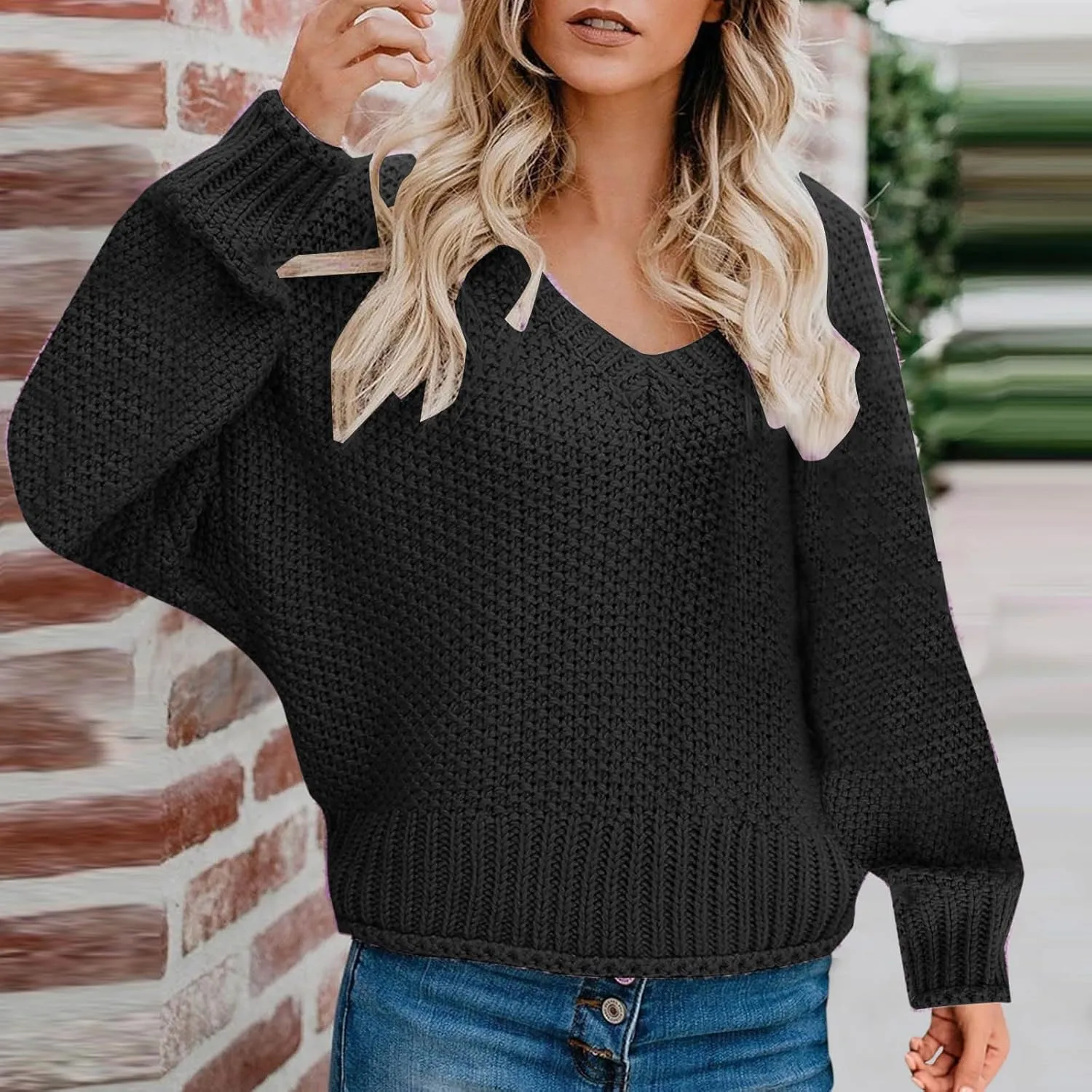Women's Oversized V Neck Long Sleeve Knit Sweater Casual Fall Cropped Sweaters Pullover Top 2024 Trendy Outfits