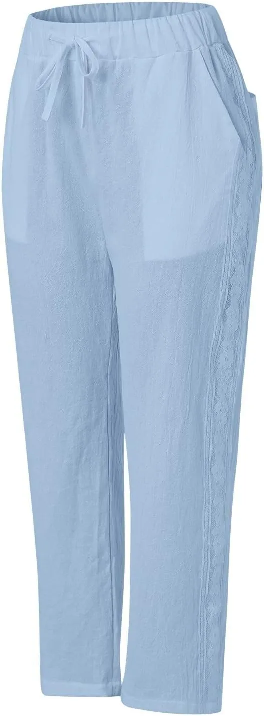 Womens Pants, Linen Peasant Pants Casual Straight Leg Trendy Elastic Waist Drawstring
