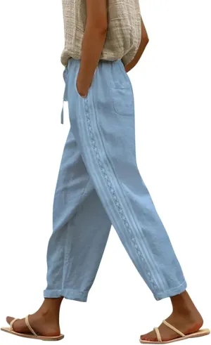 Womens Pants, Linen Peasant Pants Casual Straight Leg Trendy Elastic Waist Drawstring