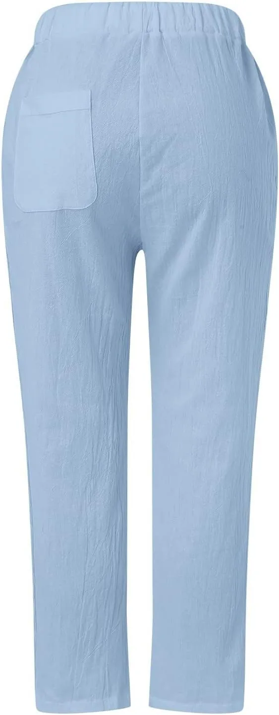 Womens Pants, Linen Peasant Pants Casual Straight Leg Trendy Elastic Waist Drawstring