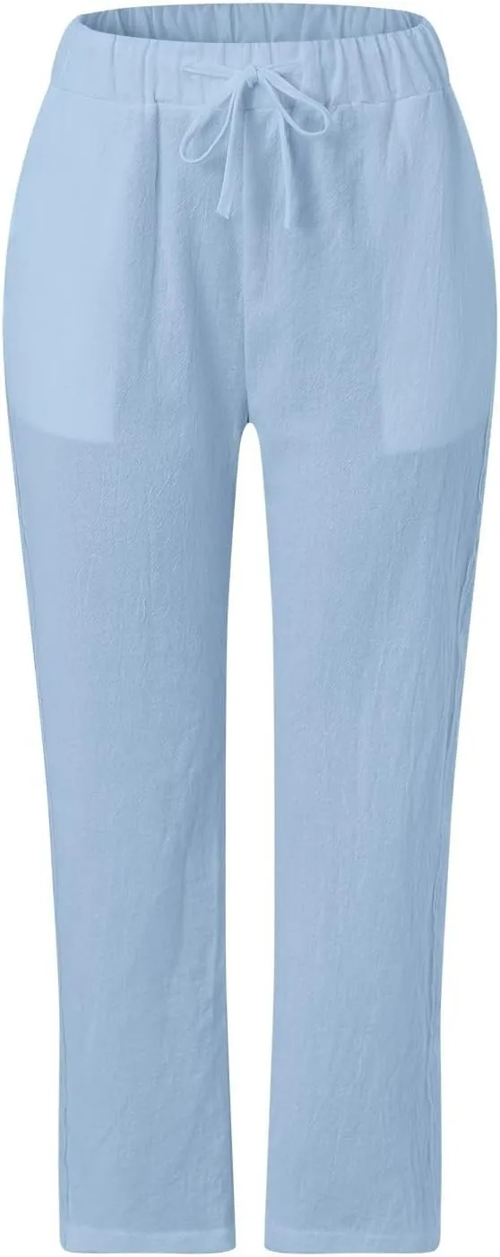 Womens Pants, Linen Peasant Pants Casual Straight Leg Trendy Elastic Waist Drawstring