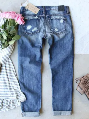 Womens Plaid Patch Ripped Boyfriend Jeans Distressed Stretch Skinny Denim Jeans with Hole,2024 Spring Fashion Pants