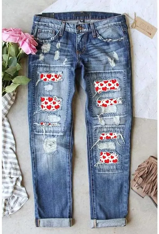 Womens Plaid Patch Ripped Boyfriend Jeans Distressed Stretch Skinny Denim Jeans with Hole,2024 Spring Fashion Pants