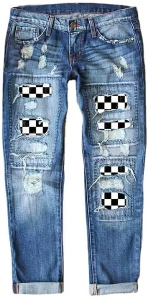 Womens Plaid Patch Ripped Boyfriend Jeans Distressed Stretch Skinny Denim Jeans with Hole,2024 Spring Fashion Pants