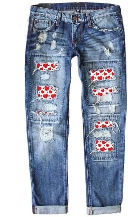 Womens Plaid Patch Ripped Boyfriend Jeans Distressed Stretch Skinny Denim Jeans with Hole,2024 Spring Fashion Pants