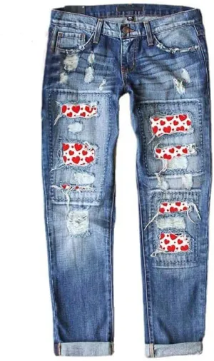 Womens Plaid Patch Ripped Boyfriend Jeans Distressed Stretch Skinny Denim Jeans with Hole,2024 Spring Fashion Pants