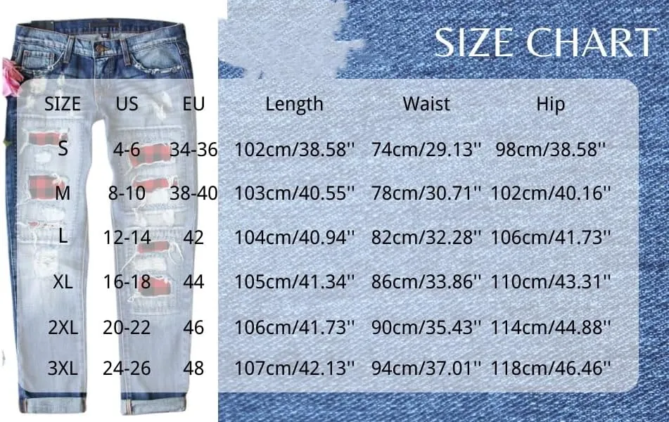 Womens Plaid Patch Ripped Boyfriend Jeans Distressed Stretch Skinny Denim Jeans with Hole,2024 Spring Fashion Pants