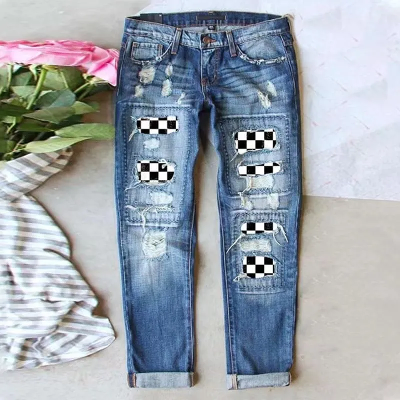Womens Plaid Patch Ripped Boyfriend Jeans Distressed Stretch Skinny Denim Jeans with Hole,2024 Spring Fashion Pants